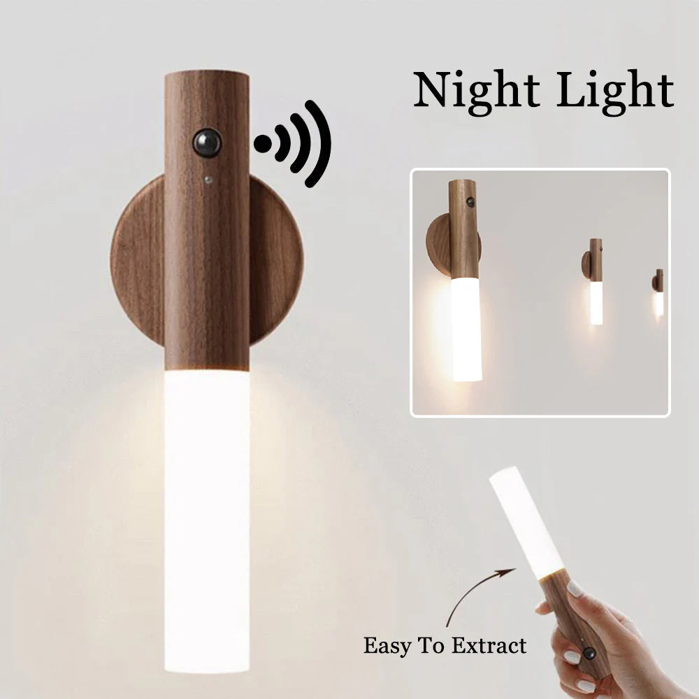 Rechargeable Smart Motion Sensor Light – Wireless LED Cabinet & Wall Lamp with Magnetic Wood Design