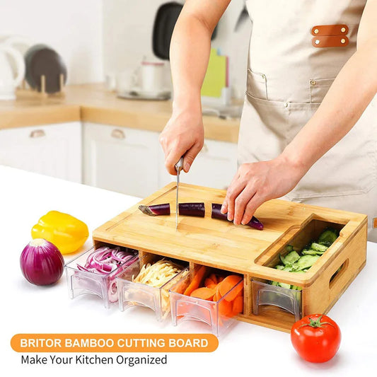 Solid Wood Cutting Board with Storage Drawer – Multifunctional Kitchen Chopping Board for Fruits, Vegetables & Meat