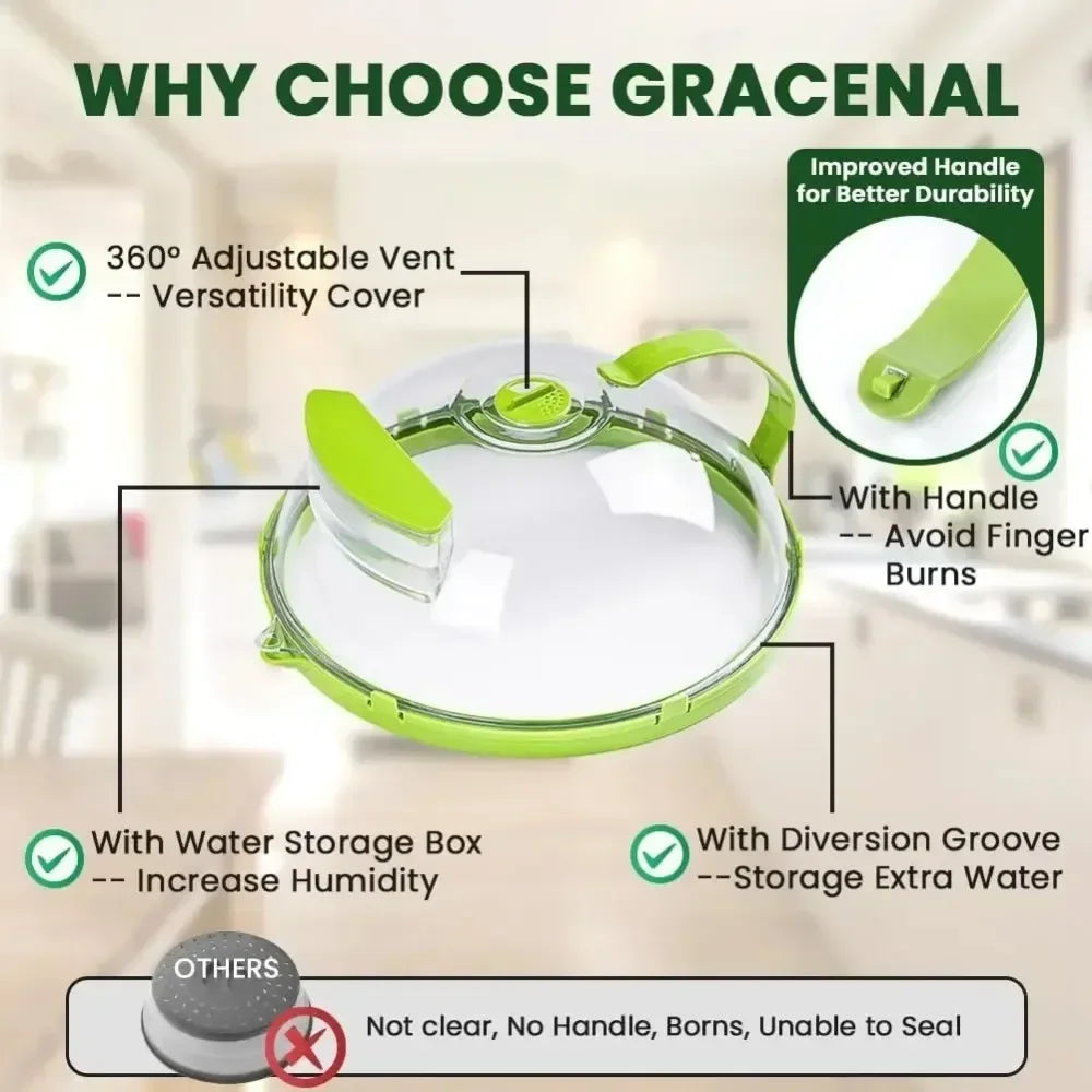 Microwave Food Cover with Water Steamer and Handle – Clear 10-Inch Plate Lid for Splatter Protection