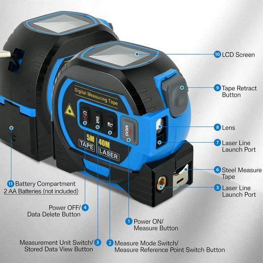 3-in-1 Laser Tape Measure – 40/60M Digital Infrared Distance Measurer with Ruler & Smart Precision Measuring Tool