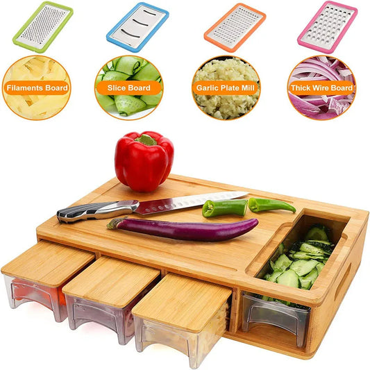 Solid Wood Cutting Board with Storage Drawer – Multifunctional Kitchen Chopping Board for Fruits, Vegetables & Meat