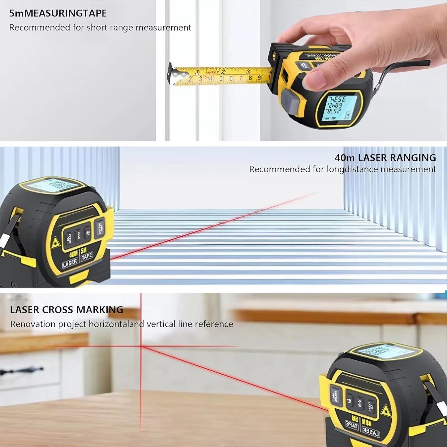 3-in-1 Laser Tape Measure – 40/60M Digital Infrared Distance Measurer with Ruler & Smart Precision Measuring Tool