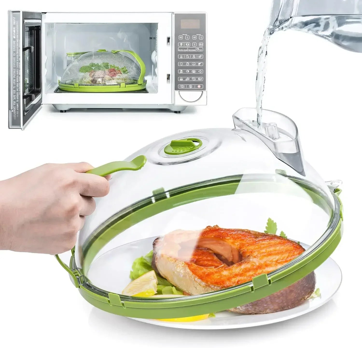 Microwave Food Cover with Water Steamer and Handle – Clear 10-Inch Plate Lid for Splatter Protection