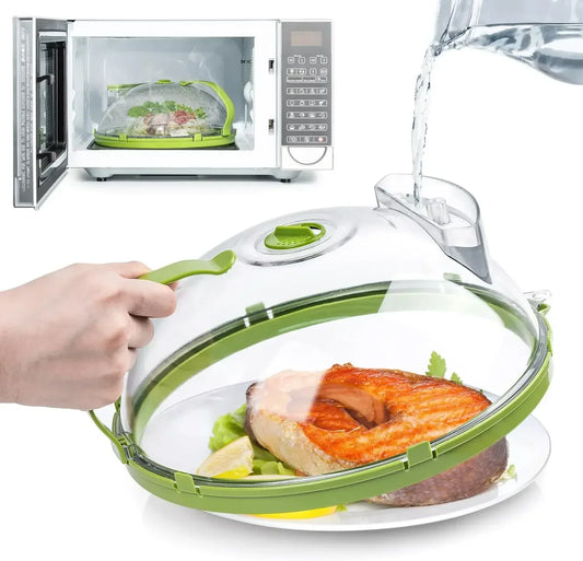 Microwave Food Cover with Water Steamer and Handle – Clear 10-Inch Plate Lid for Splatter Protection