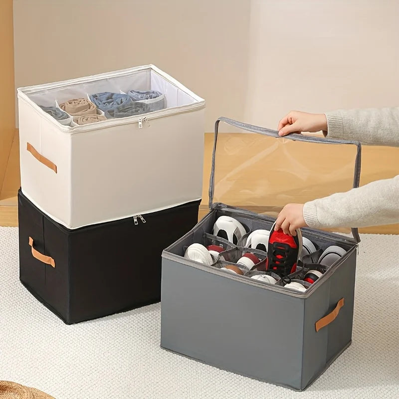 Foldable Oxford Storage Box with Clear Lid – Stackable, Space-Saving Organizer for Shoes, Clothes & More