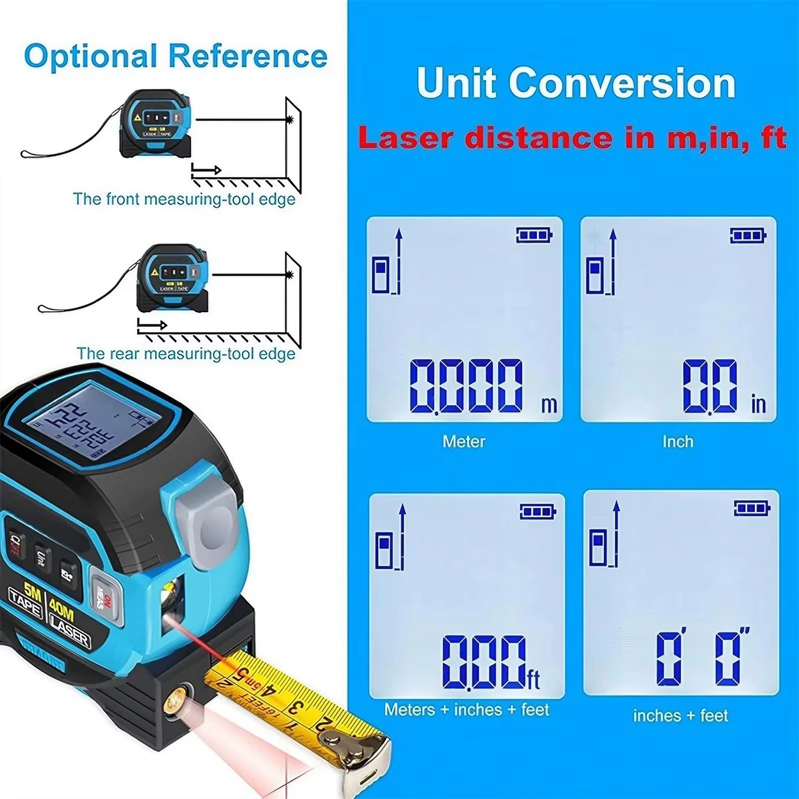 3-in-1 Laser Tape Measure – 40/60M Digital Infrared Distance Measurer with Ruler & Smart Precision Measuring Tool