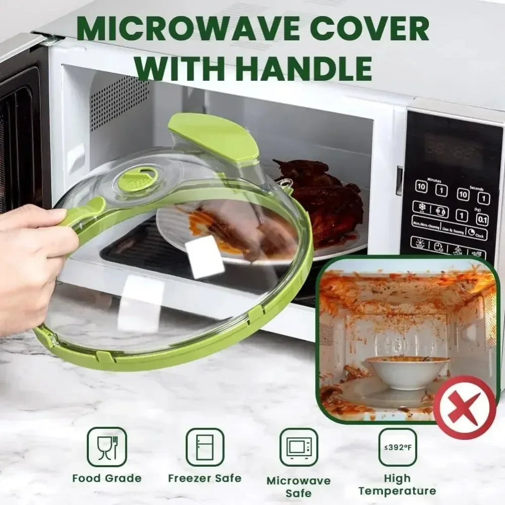 Microwave Food Cover with Water Steamer and Handle – Clear 10-Inch Plate Lid for Splatter Protection