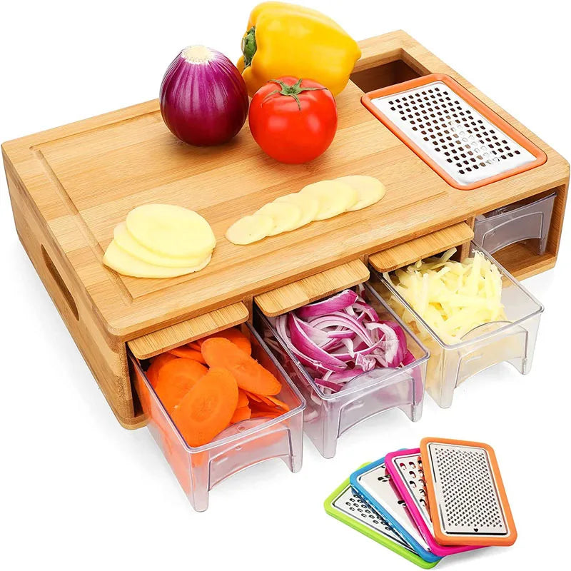 Solid Wood Cutting Board with Storage Drawer – Multifunctional Kitchen Chopping Board for Fruits, Vegetables & Meat