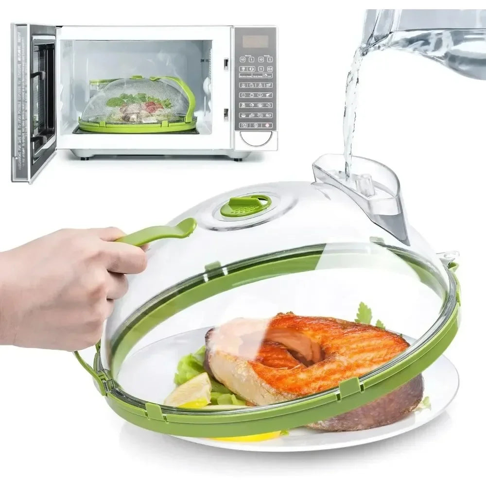 Microwave Food Cover with Water Steamer and Handle – Clear 10-Inch Plate Lid for Splatter Protection